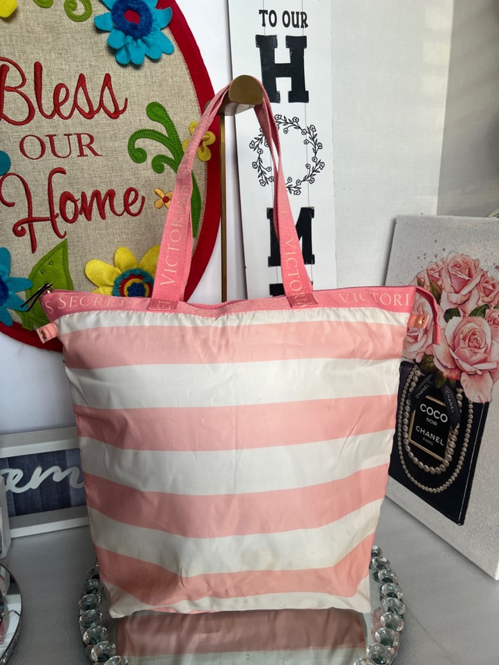 Victoria's Secret NWOT  Pink and White Striped  nylon insulated Tote bag